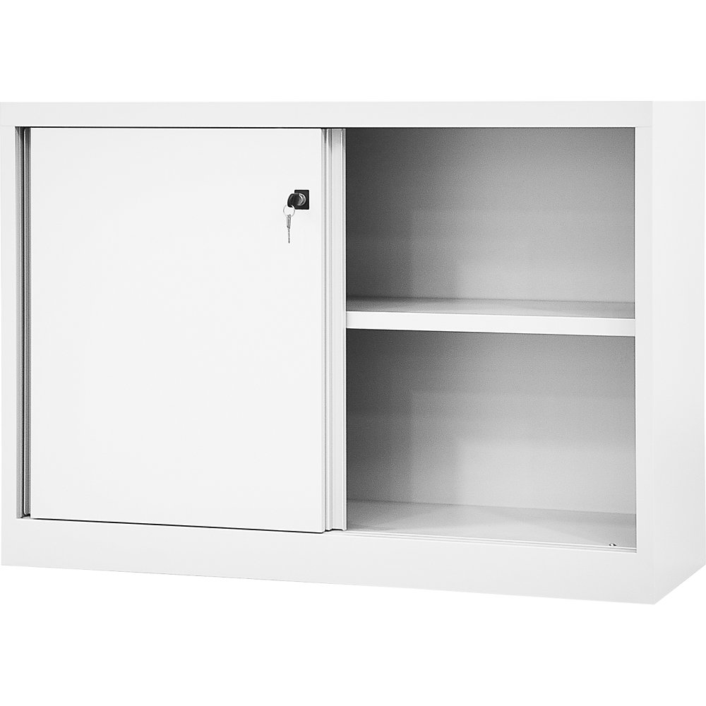 BISLEY ECO sliding door cupboard, 1 shelf, 2 file heights, traffic white