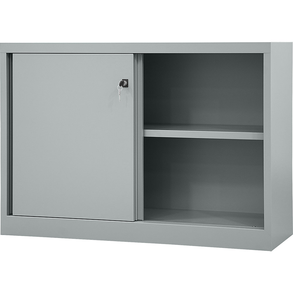 BISLEY ECO sliding door cupboard, 1 shelf, 2 file heights, light grey