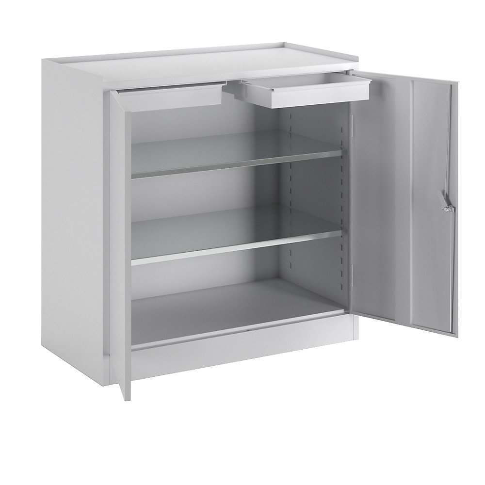 Werkzeugschrank, mit 2 Schubladen, 2 durchgehenden Fachböden, lichtgrau RAL 7035 eurokraft basic
