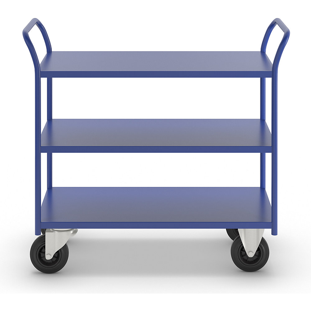 Tischwagen KM41, 3 Etagen, LxBxH 1080 x 450 x 975 mm, blau, 2 Lenk- und 2 Bockrollen Kongamek 3
