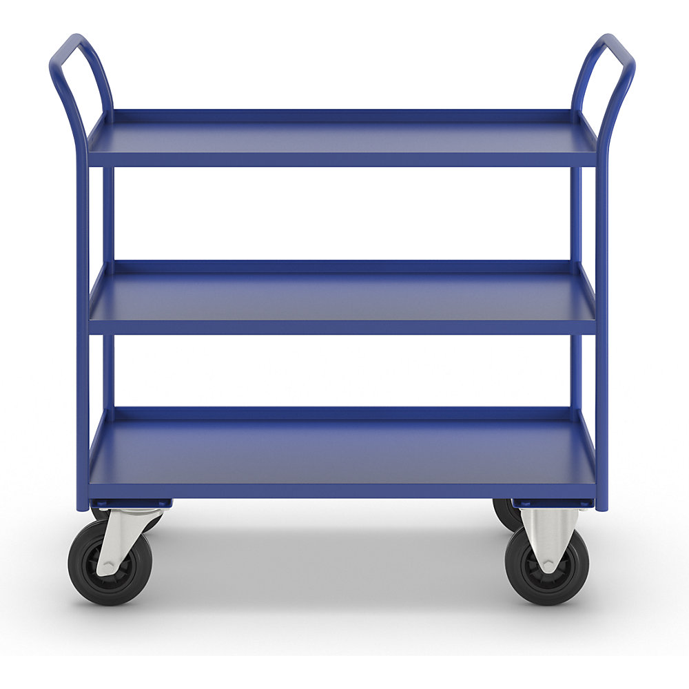 Tischwagen KM41, 3 Etagen mit Aufkantung, LxBxH 1080 x 450 x 1000 mm, blau, 2 Lenk- und 2 Bockrollen Kongamek 3