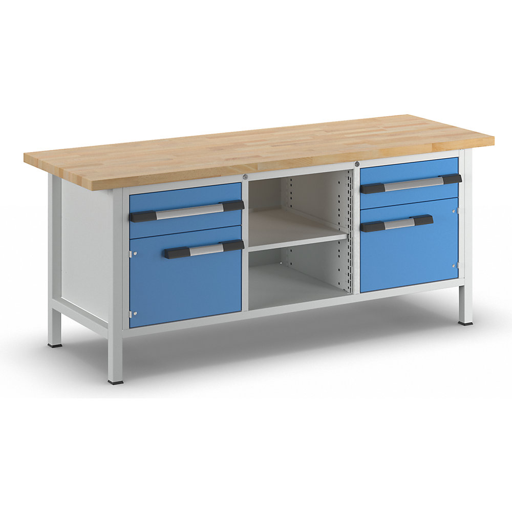 Werkbank, Gestellbauweise Serie 8000, 2 Schubladen 180 mm, 2 Türen 360 mm, 1 Ablageboden, 1 Fachboden, BxT 2000 x 700 mm eurokraft pro