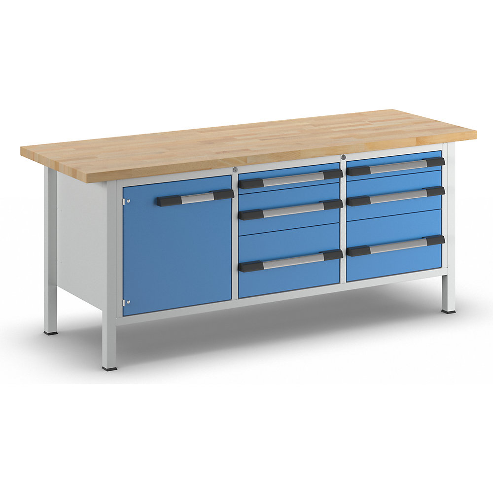 Werkbank, Gestellbauweise Serie 8000, 6 Schubladen: 2 x 90, 2 x 180, 2 x 270 mm, 1 Tür 540 mm, BxT 2000 x 700 mm eurokraft pro