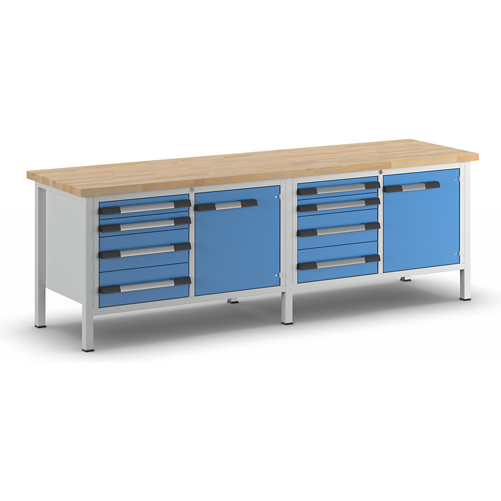 Werkbank, Gestellbauweise Serie 8000, 8 Schubladen: 4 x 90, 4 x 180 mm, 2 Türen 540 mm, BxT 2500 x 700 mm eurokraft pro
