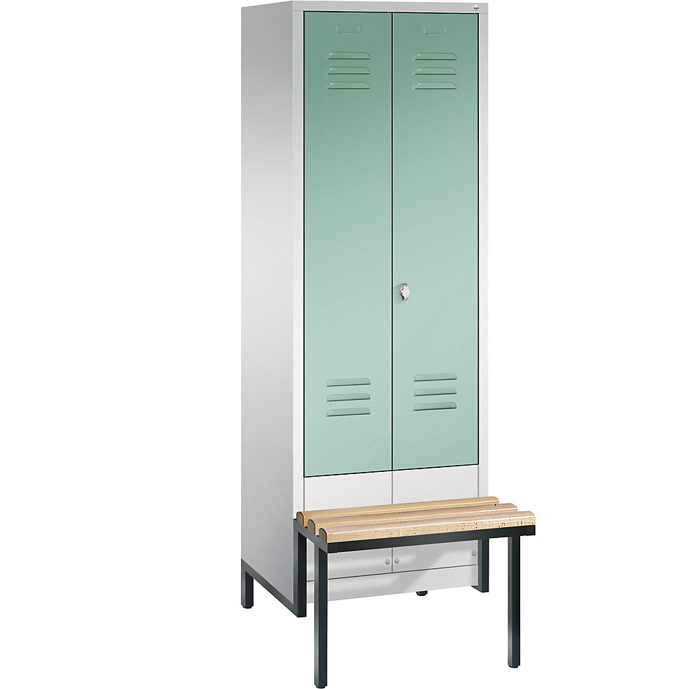 Penderie CLASSIC avec châssis inférieur servant de banc et portes fermant l'une contre l'autre