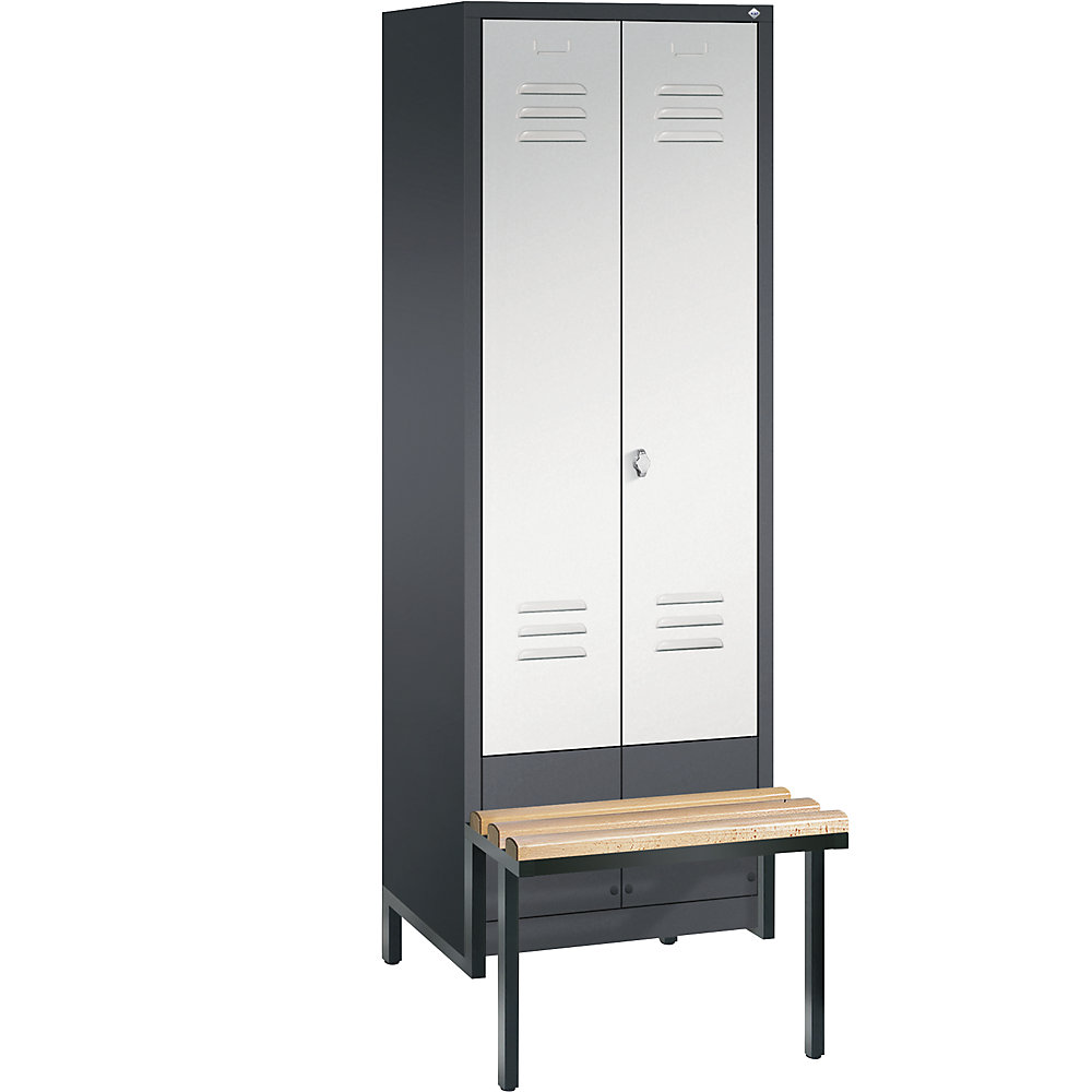 Penderie CLASSIC avec châssis inférieur servant de banc et portes fermant l'une contre l'autre