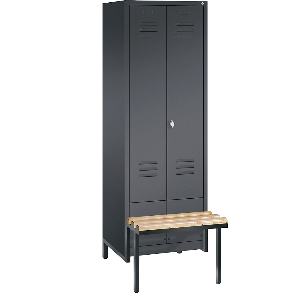 Penderie CLASSIC avec châssis inférieur servant de banc et portes fermant l'une contre l'autre