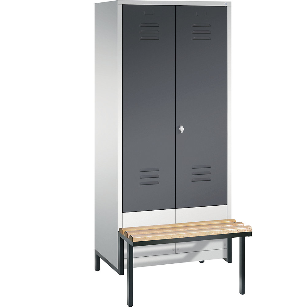 Penderie CLASSIC avec châssis inférieur servant de banc et portes fermant l'une contre l'autre
