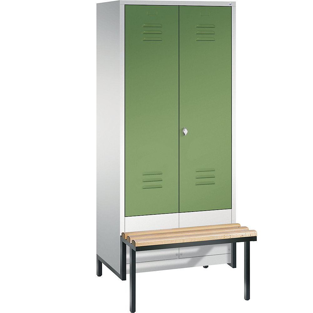 Penderie CLASSIC avec châssis inférieur servant de banc et portes fermant l'une contre l'autre