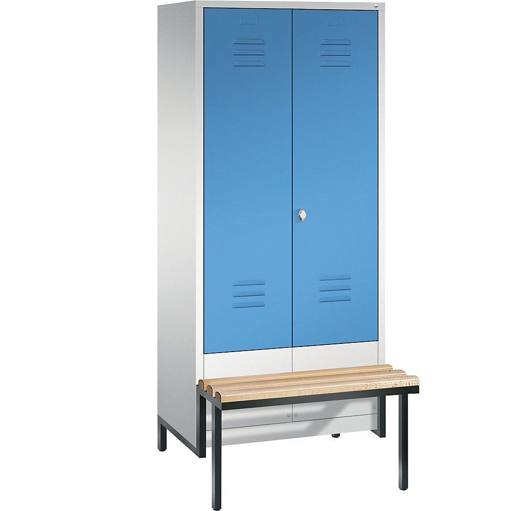 Penderie CLASSIC avec châssis inférieur servant de banc et portes fermant l'une contre l'autre