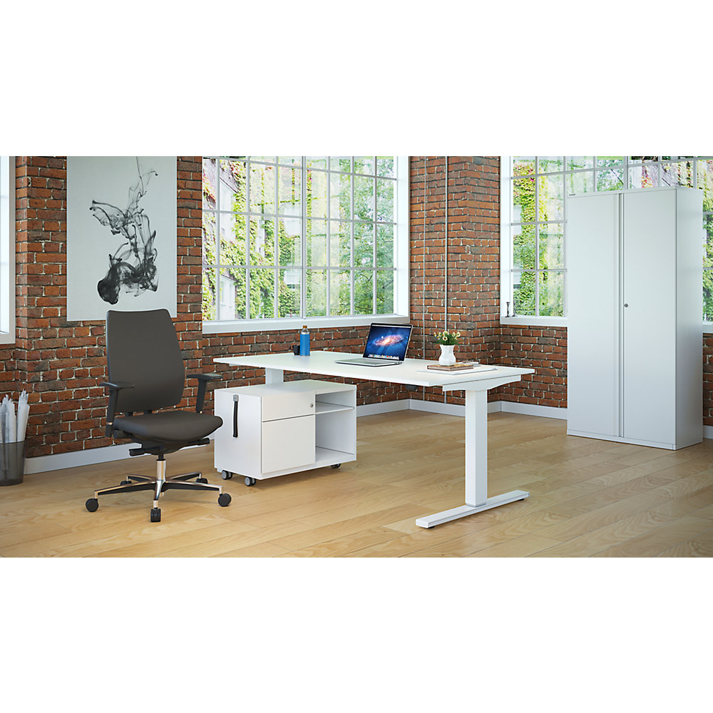 BISLEY WHITE LINE PREMIUM complete office, double door cupboard, Note™ CADDY, desk, office chair, white