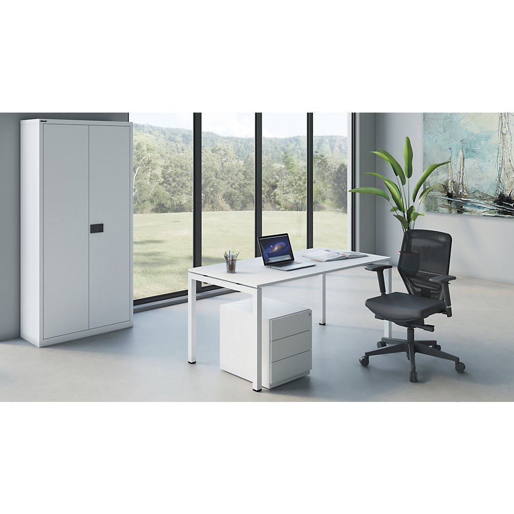 BISLEY WHITE LINE STARTER complete office, double door cupboard, mobile drawer unit, desk, office chair, white