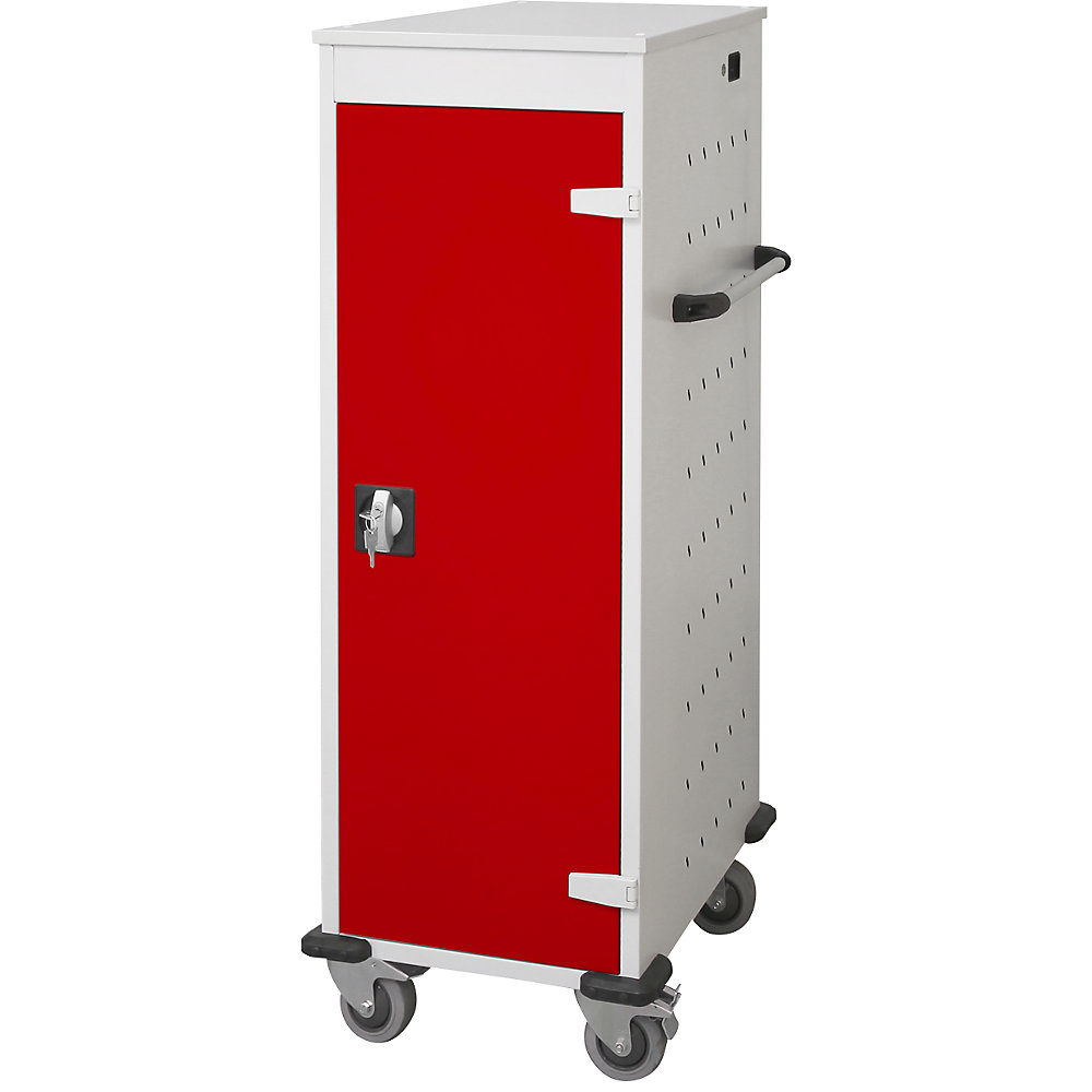 Chariot de chargement pour ordinateurs portables, avec 10 casiers, gris clair / rouge trafic
