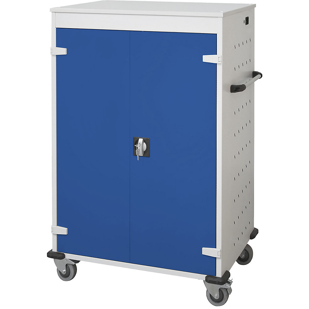 Chariot de chargement pour ordinateurs portables, avec 20 casiers, gris clair / bleu gentiane