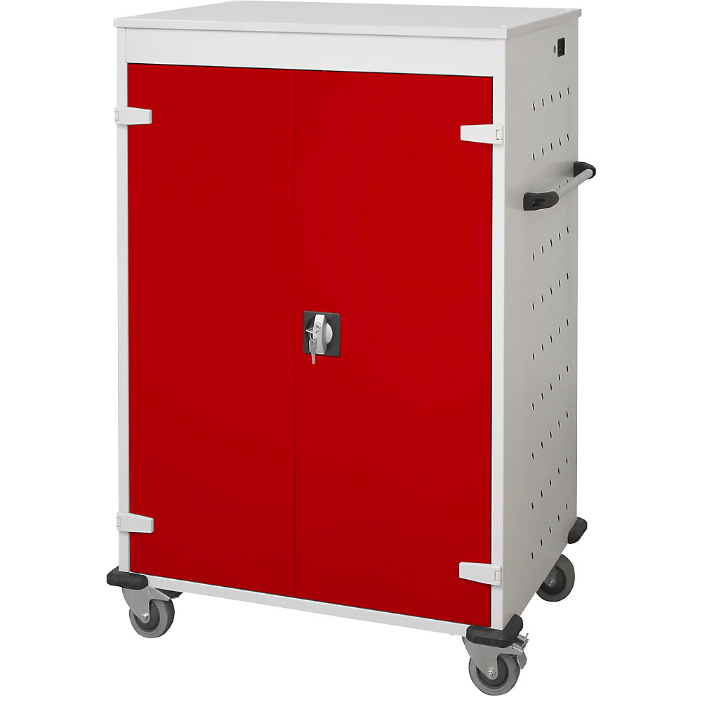 Chariot de chargement pour ordinateurs portables, avec 20 casiers, gris clair / rouge trafic