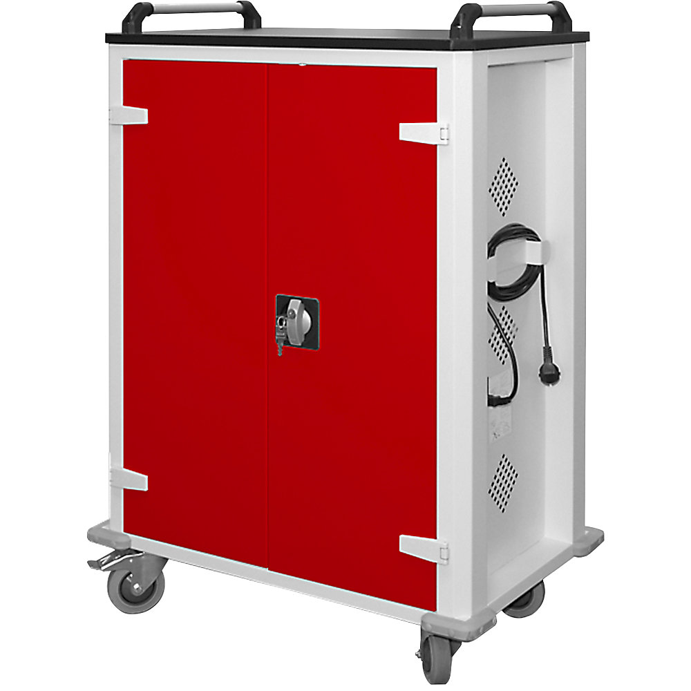 Chariot de chargement pour tablettes tactiles, pour max. 32 tablettes tactiles, gris clair / rouge trafic