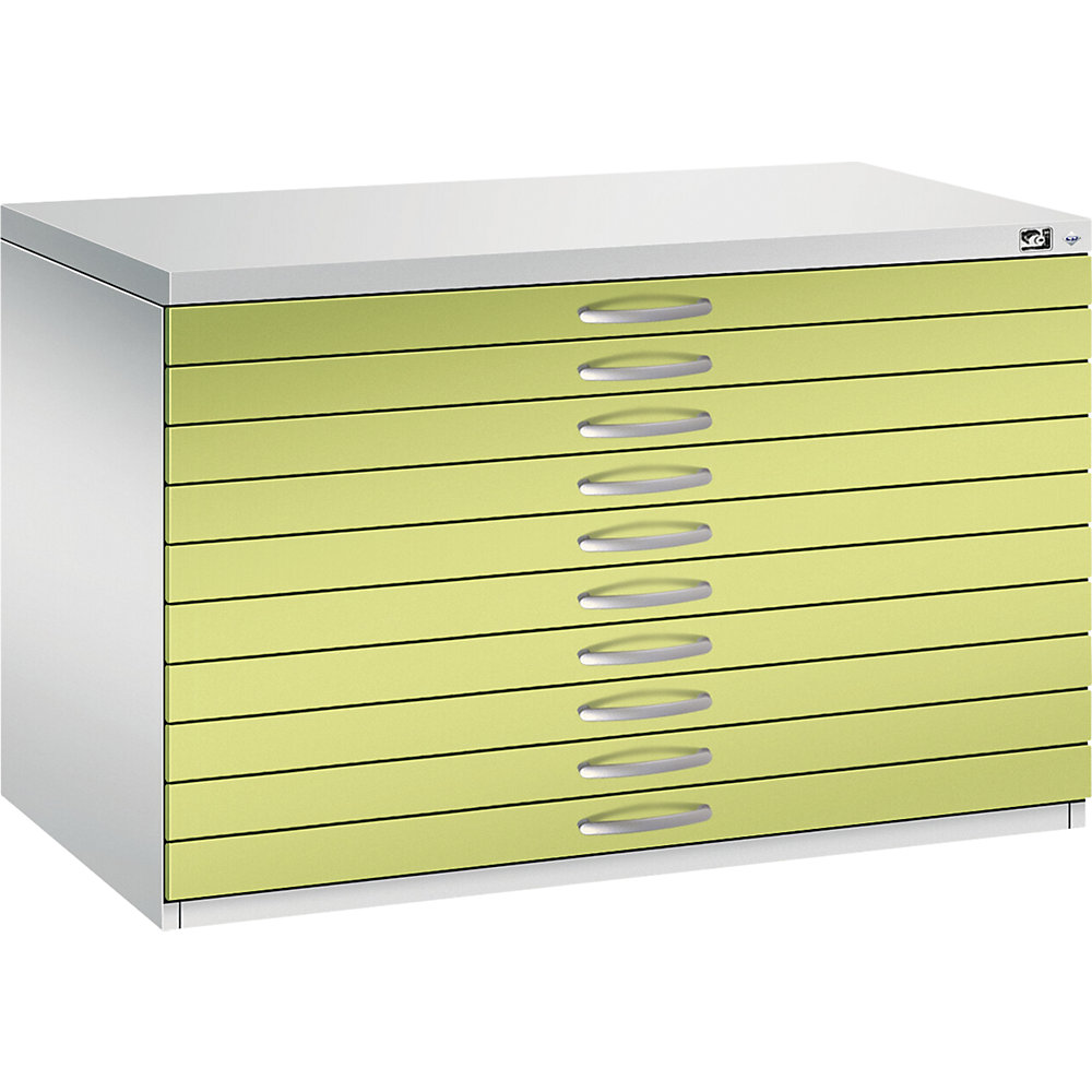 C+P Tekeningkast, A1, 10 laden, hoogte 760 mm, lichtgrijs/felgroen