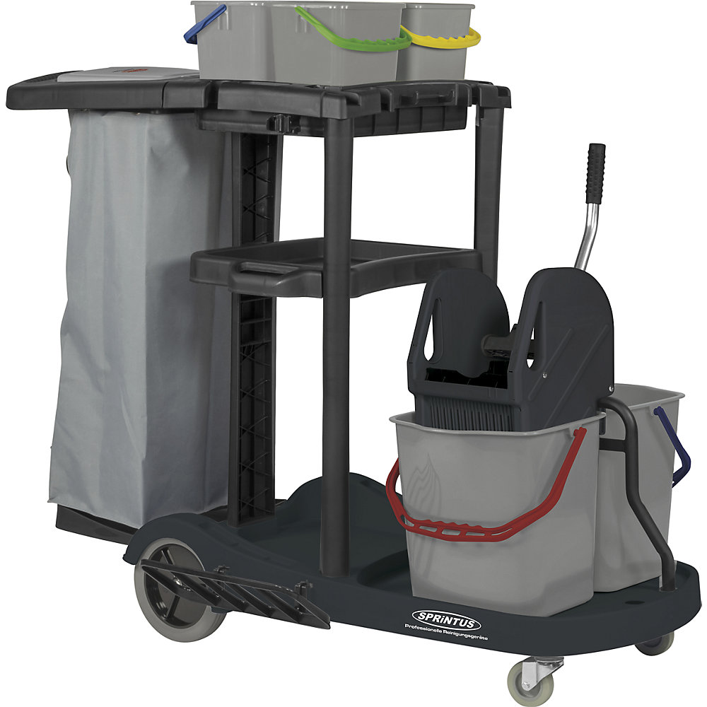 PuriX service trolley, with a 4 bucket system, mop wringer, waste separation, rubber lined wheels