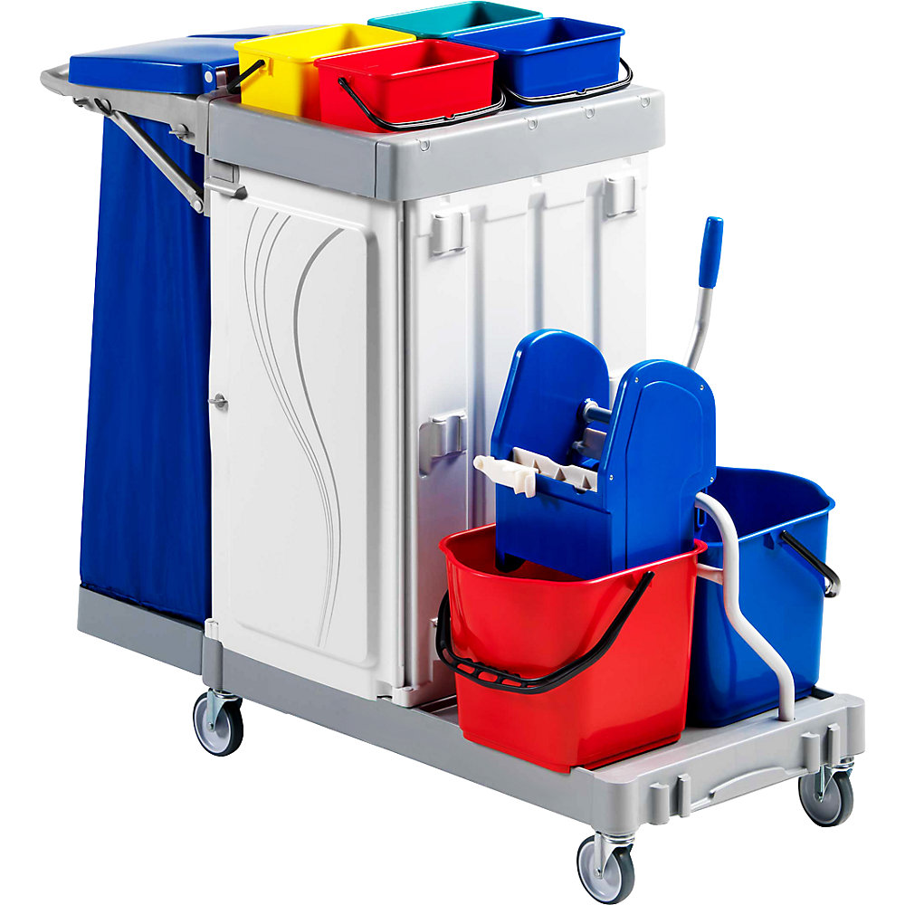 POLY III cleaning trolley, 2 x 15 l buckets, 4 x 4 l buckets, with lockable doors