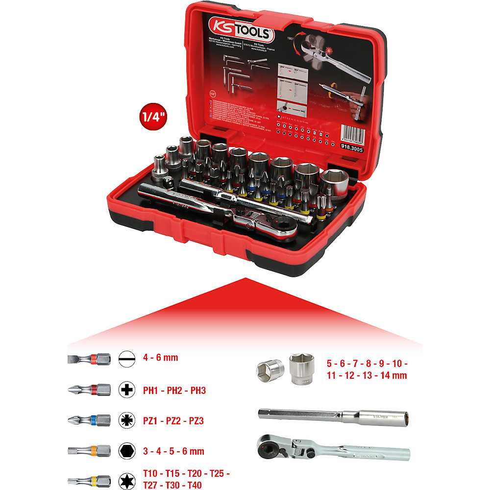 KS Tools Scatola di bussole TORSIONpower da 1/4'', 1/4'', 33 pezzi