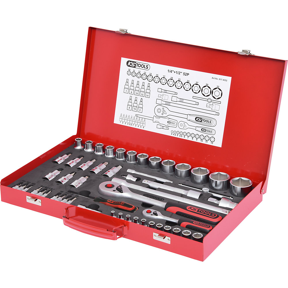 KS Tools Jeu de clés à douilles 1/4'' + 1/2'', 52 éléments, traction latérale