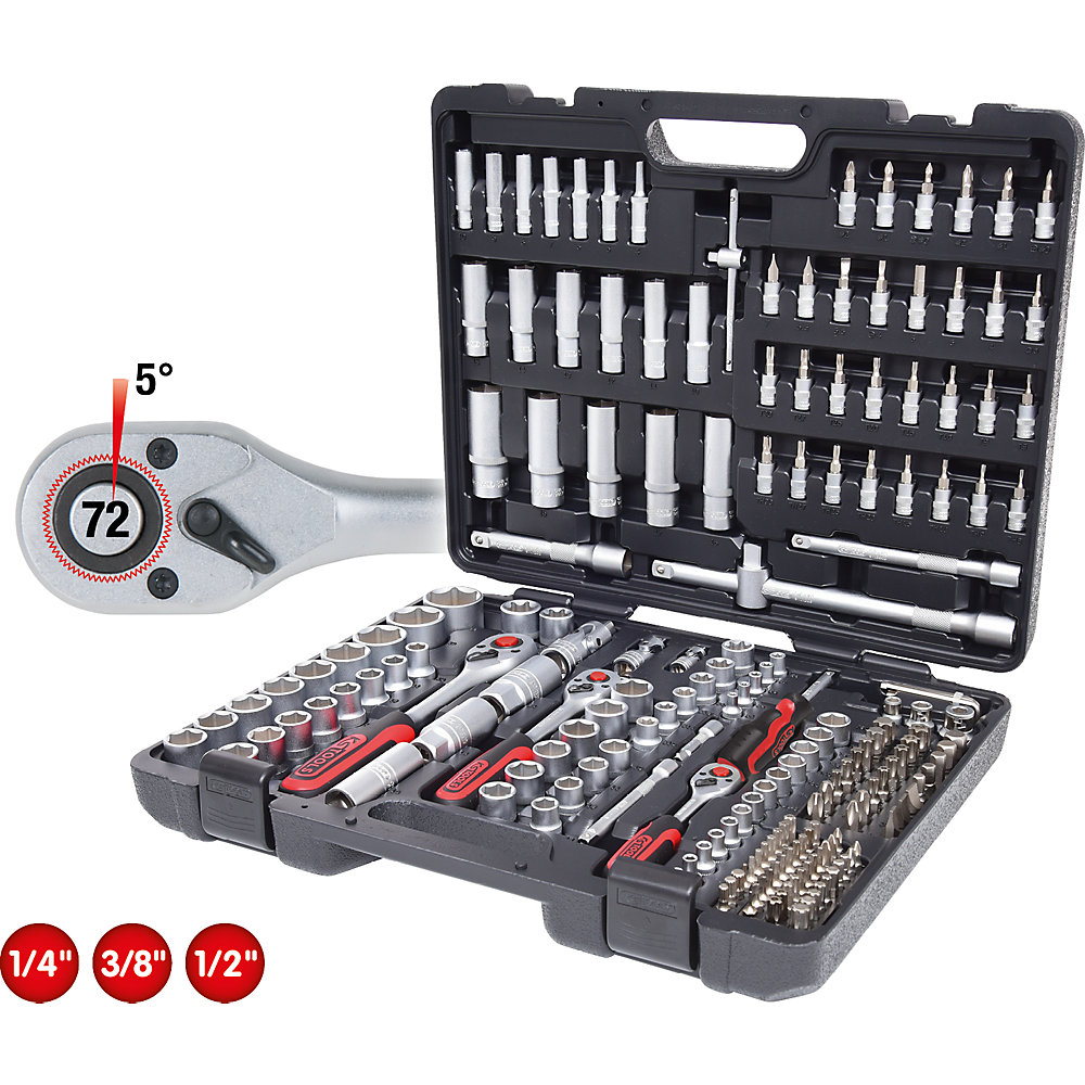 KS Tools Jeu de clés à douilles 1/4'' + 3/8'' + 1/2'', 195 éléments, chromé mat satiné