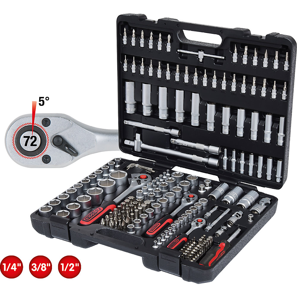 KS Tools Jeu de clés à douilles 1/4'' + 3/8'' + 1/2'', 179 éléments, chromé mat satiné