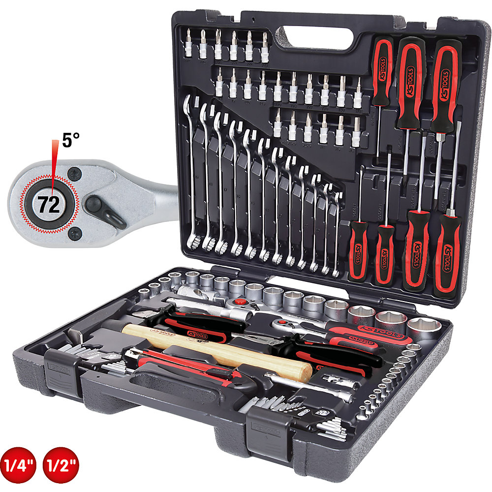 KS Tools Kit d'outils universel 1/4'' + 1/2'', 97 éléments, satinage mat