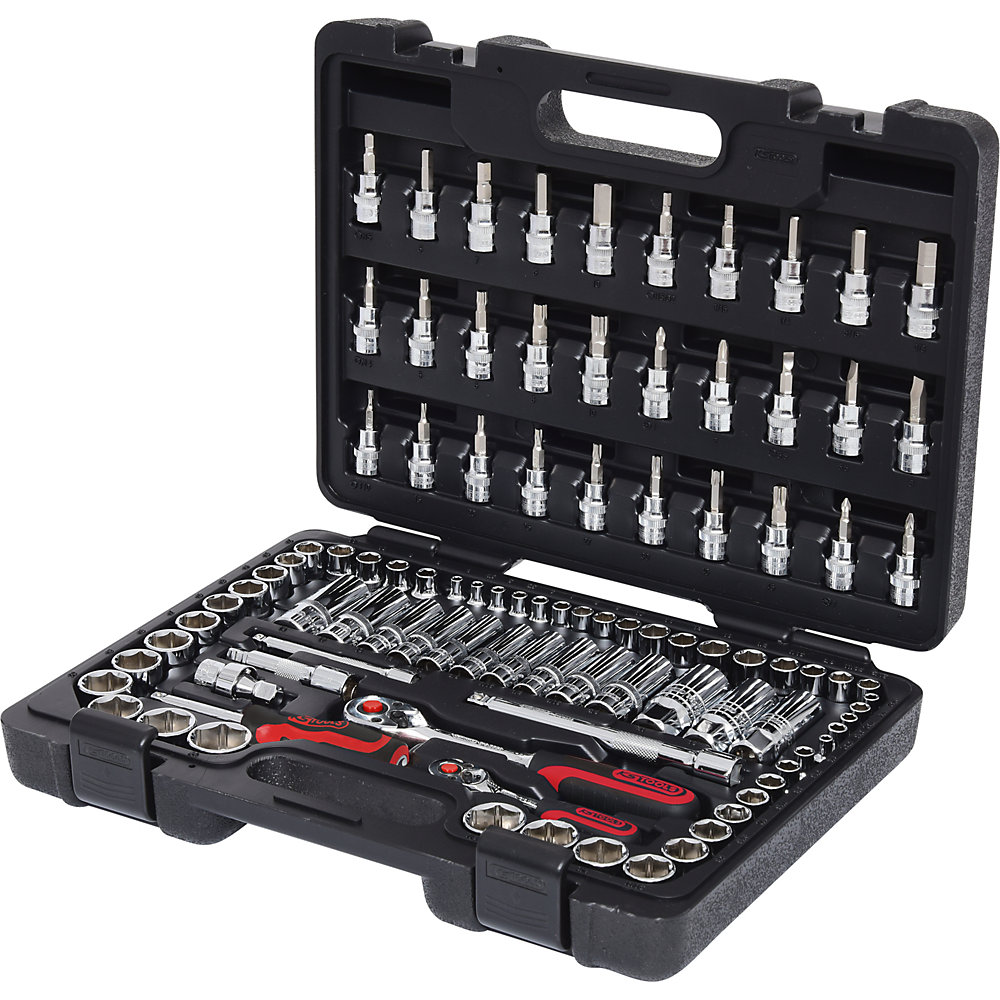 KS Tools Jeu de clés à douilles 1/4'' + 3/8'' CHROMEplus, 99 pièces, 6 pans, dimensions en pouces, commutables