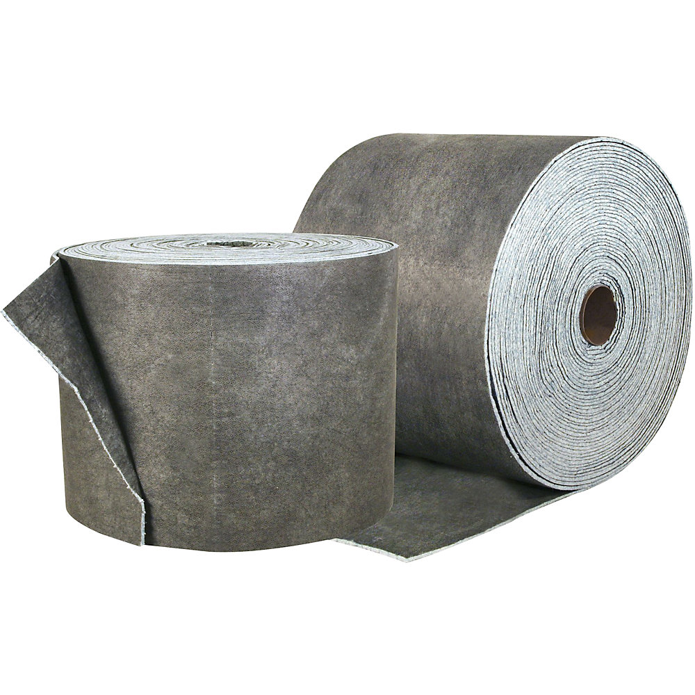 DuraSoak® universal absorbent sheeting, roll of sheets, pack of 2 rolls, recycled cellulose, 360 mm x 38 m, grey