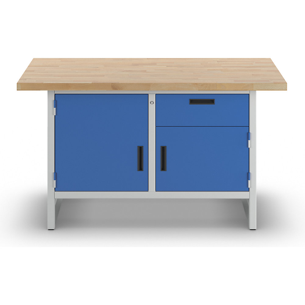 Werkbank mit geschlossenen Seiten, 1 Schublade, 2 Türen, Breite 1500 mm, lichtgrau / enzianblau eurokraft basic 2