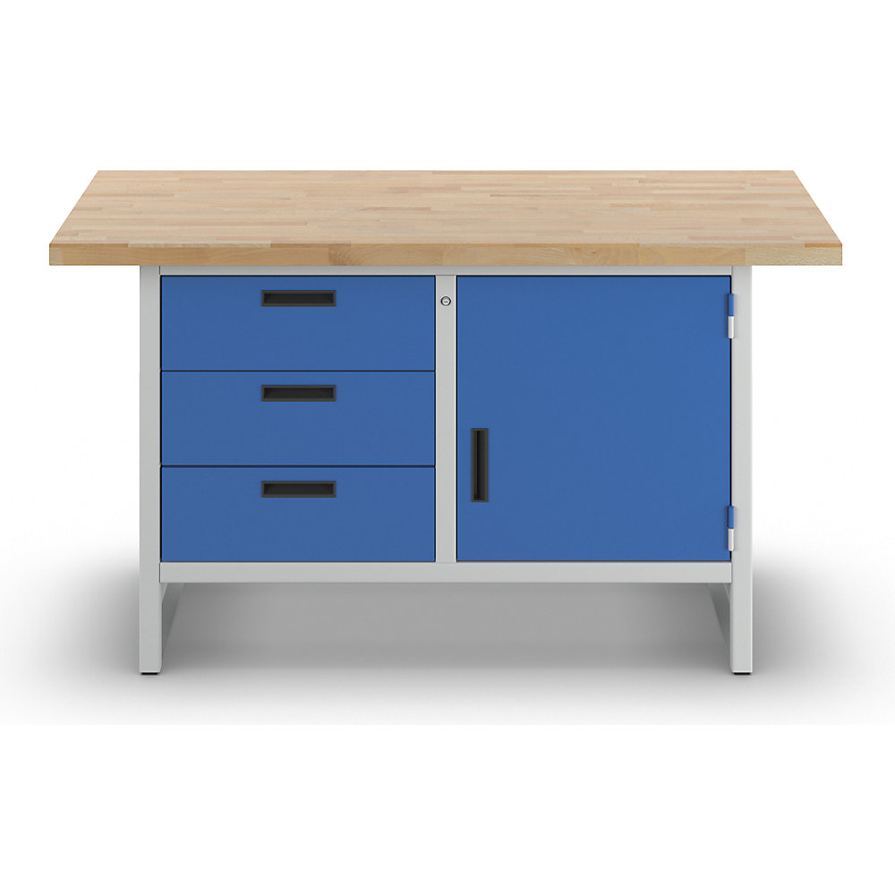 Werkbank mit geschlossenen Seiten, 3 Schubladen, 1 Tür, Breite 1500 mm, lichtgrau / enzianblau eurokraft basic 2