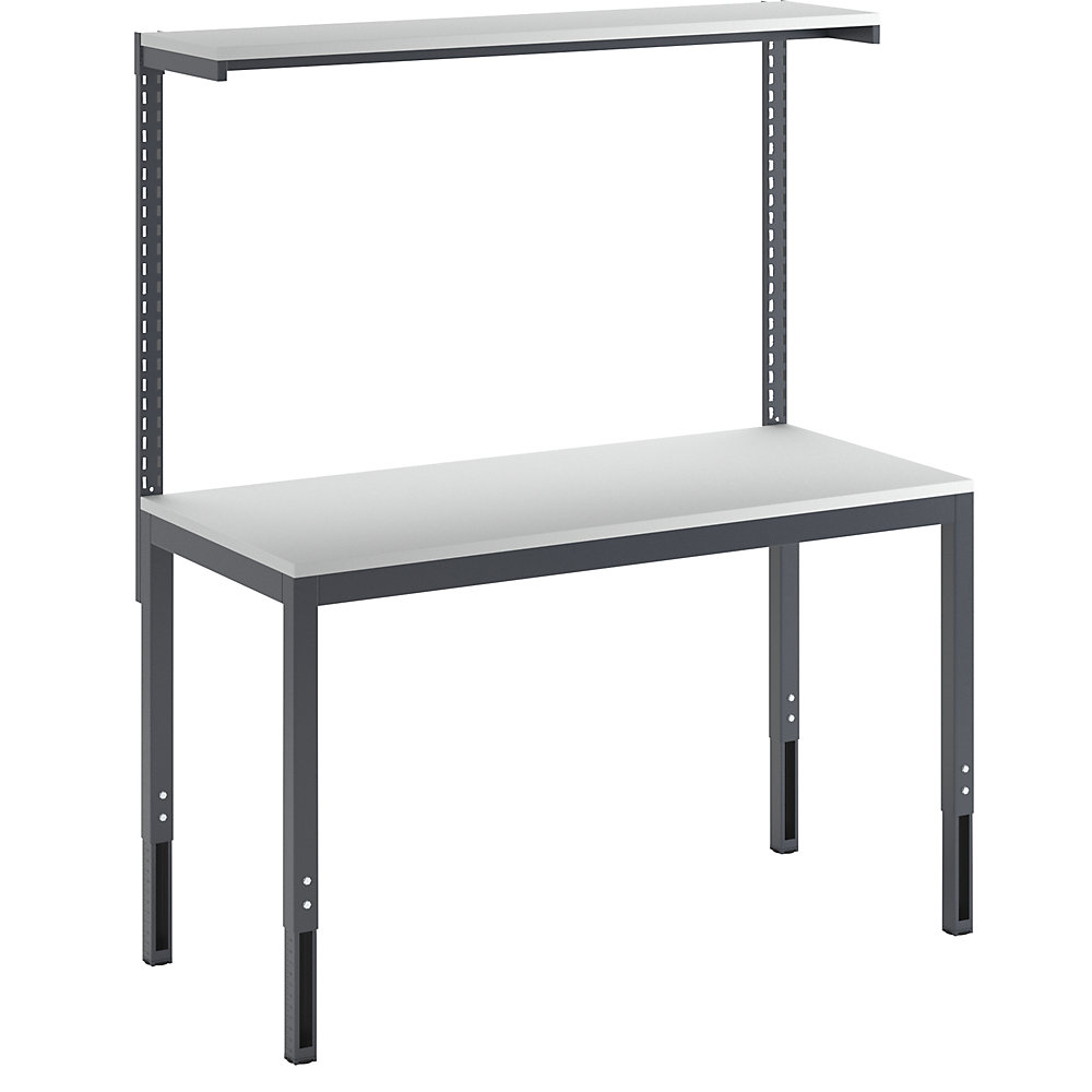 Höhenverstellbarer Arbeitstisch mit Etagenbord, höhenverstellbar 650 - 900 mm, BxT 1500 x 700 mm, Melaminplatte eurokraft basic