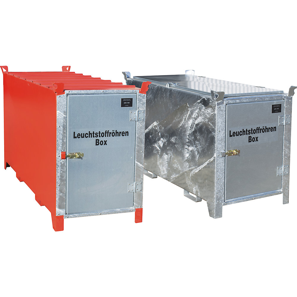 eurokraft pro Leuchtstoffröhren-Box, lackiert, Volumen 1000 l, 1100 Stk Ø 25 mm / 500 Stk Ø 37 mm, LxBxH 1700 x 770 x 1125 mm, feuerrot RAL 3000, ab 3 Stk eurokraft 2