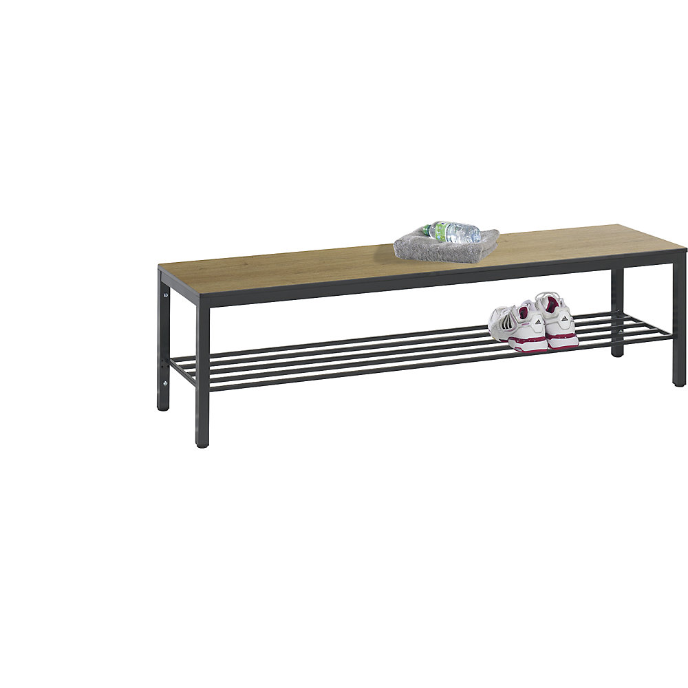 Umkleidebank COMFORT, Sitzfläche aus HPL, Länge 1500 mm, Dekor Eiche, Schuhrost C+P 2