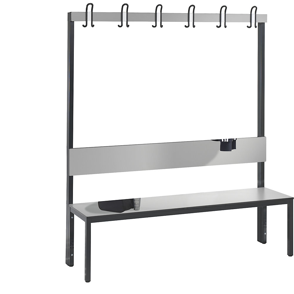 Umkleidebank COMFORT, einseitig, HPL, Lehne und Hakenleiste, Länge 1500 mm, silbergrau C+P 2