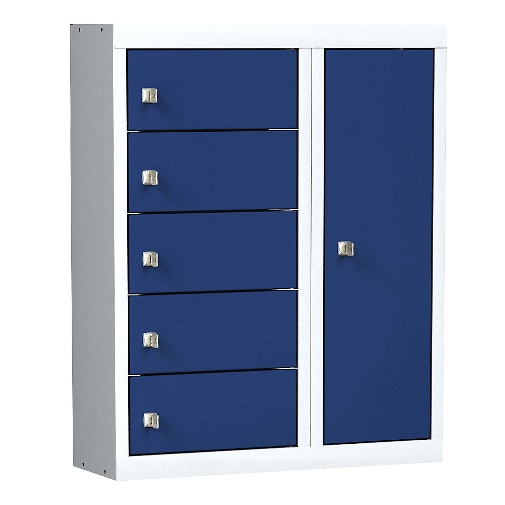 Poste de chargement pour téléphones portables, 5 compartiments avec serrures à cylindre, gris clair / bleu gentiane