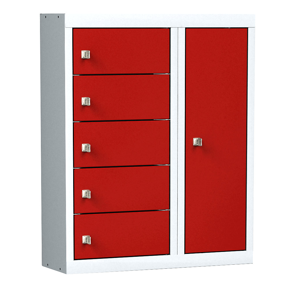 Poste de chargement pour téléphones portables, 5 compartiments avec serrures à cylindre, gris clair / rouge trafic