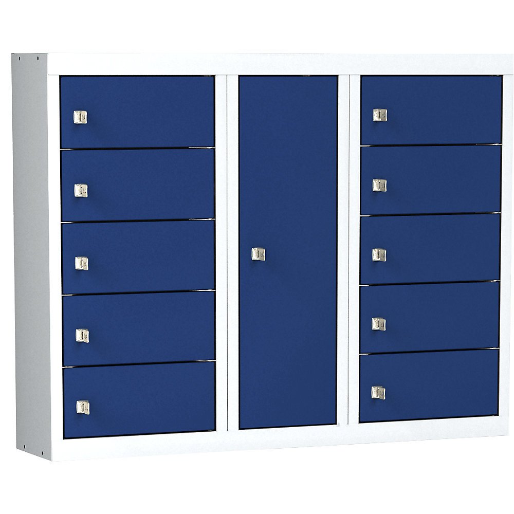 Poste de chargement pour téléphones portables, 10 compartiments avec serrures à cylindre, gris clair / bleu gentiane