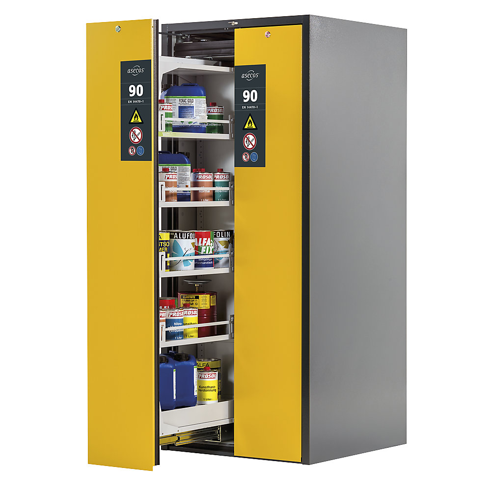 asecos Type 90 fire resistant vertical pull-out cabinet, 2 drawers, 8 shelves, grey/yellow