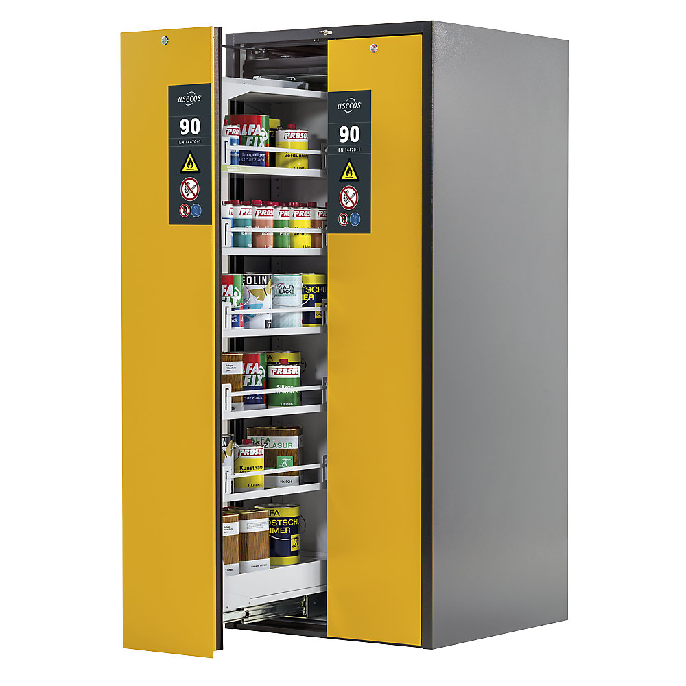 asecos Type 90 fire resistant vertical pull-out cabinet, 2 drawers, 10 shelves, grey/yellow