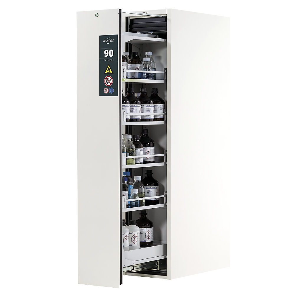 asecos Type 90 fire resistant vertical pull-out cabinet, 1 drawer, 4 shelves, laboratory white