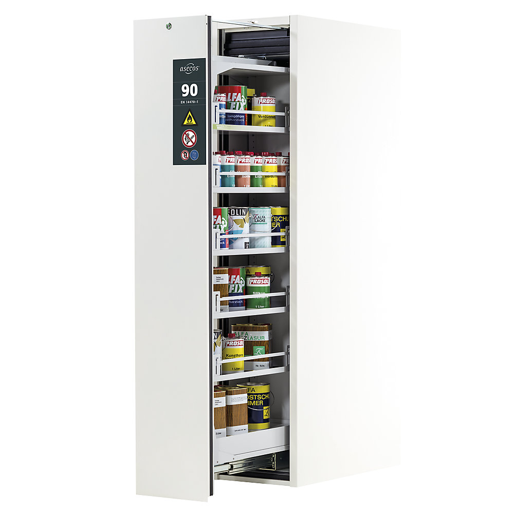 asecos Type 90 fire resistant vertical pull-out cabinet, 1 drawer, 5 shelves, laboratory white