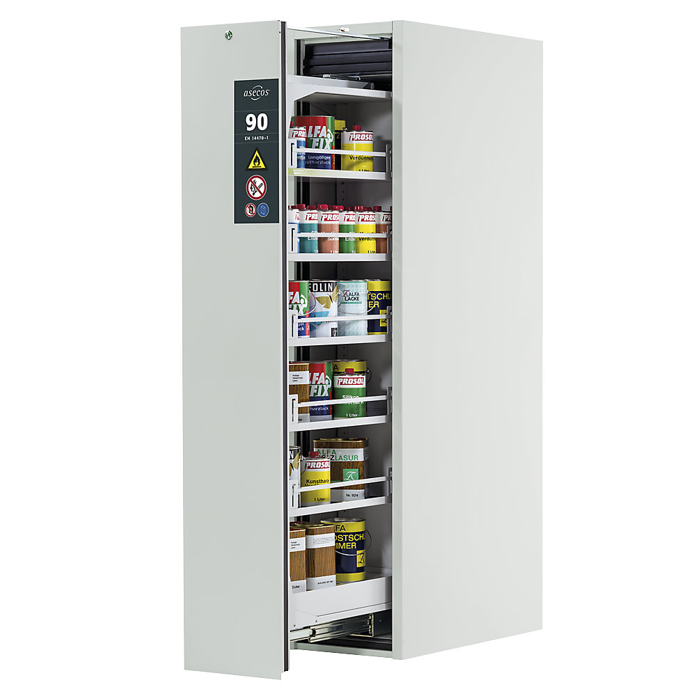 asecos Type 90 fire resistant vertical pull-out cabinet, 1 drawer, 5 shelves, light grey