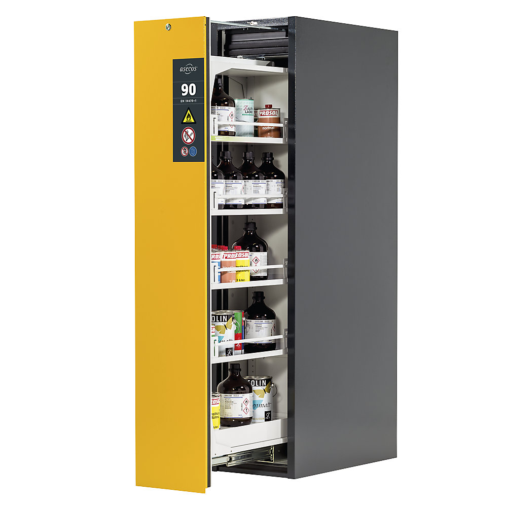 asecos Type 90 fire resistant vertical pull-out cabinet, 1 drawer, 4 shelves, grey/yellow