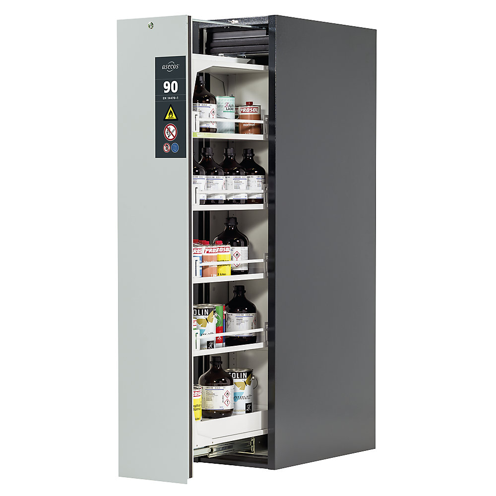 asecos Type 90 fire resistant vertical pull-out cabinet, 1 drawer, 4 shelves, grey/grey