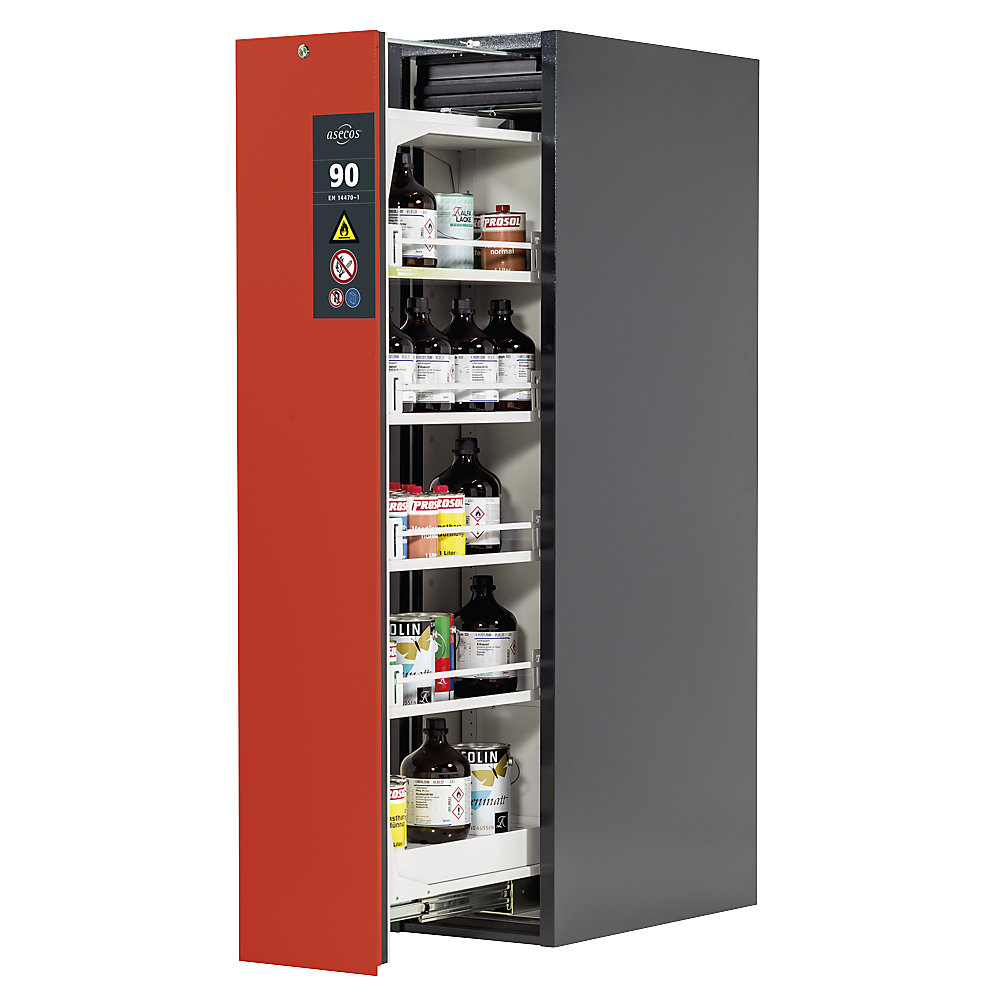 asecos Type 90 fire resistant vertical pull-out cabinet, 1 drawer, 4 shelves, grey/red
