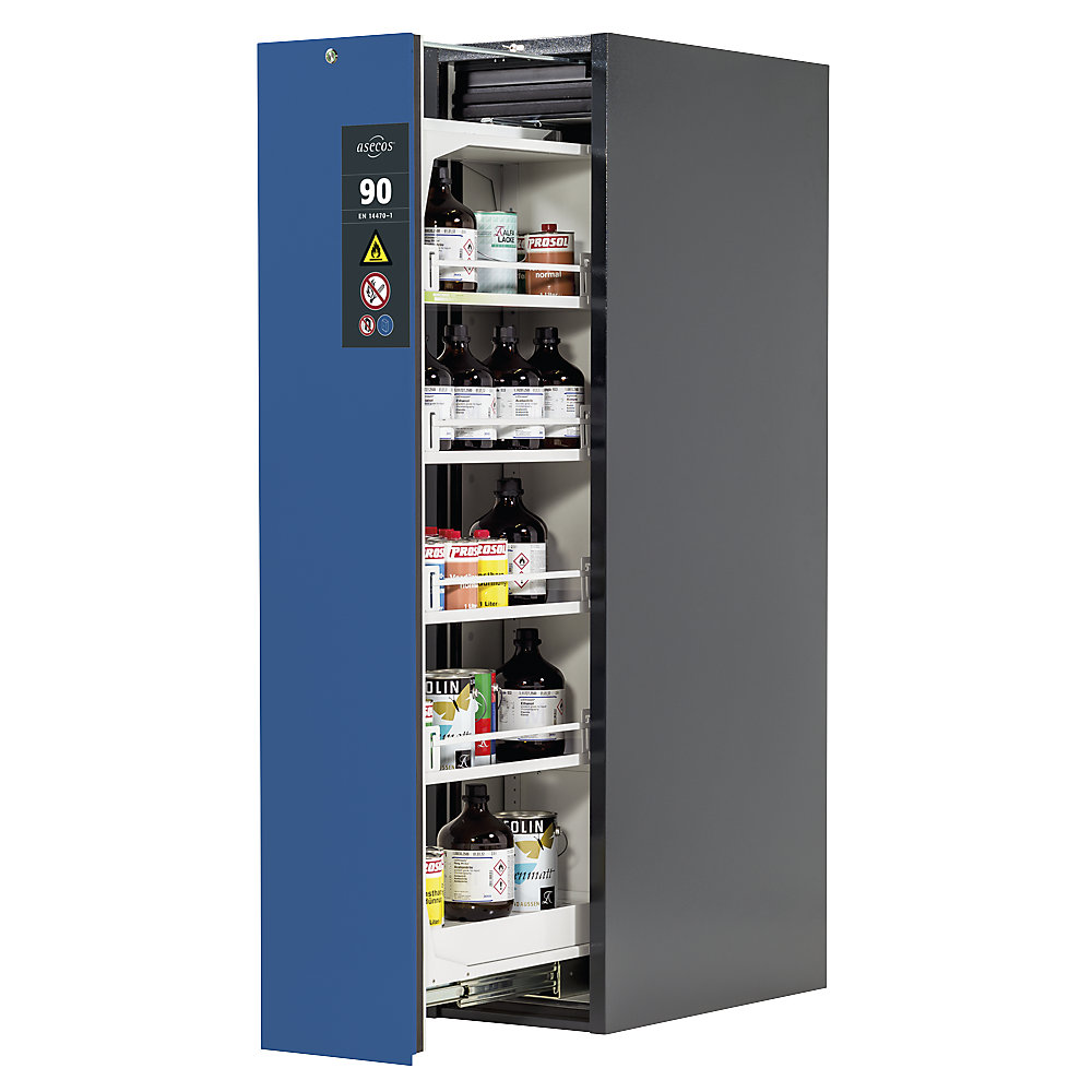 asecos Type 90 fire resistant vertical pull-out cabinet, 1 drawer, 4 shelves, grey/blue
