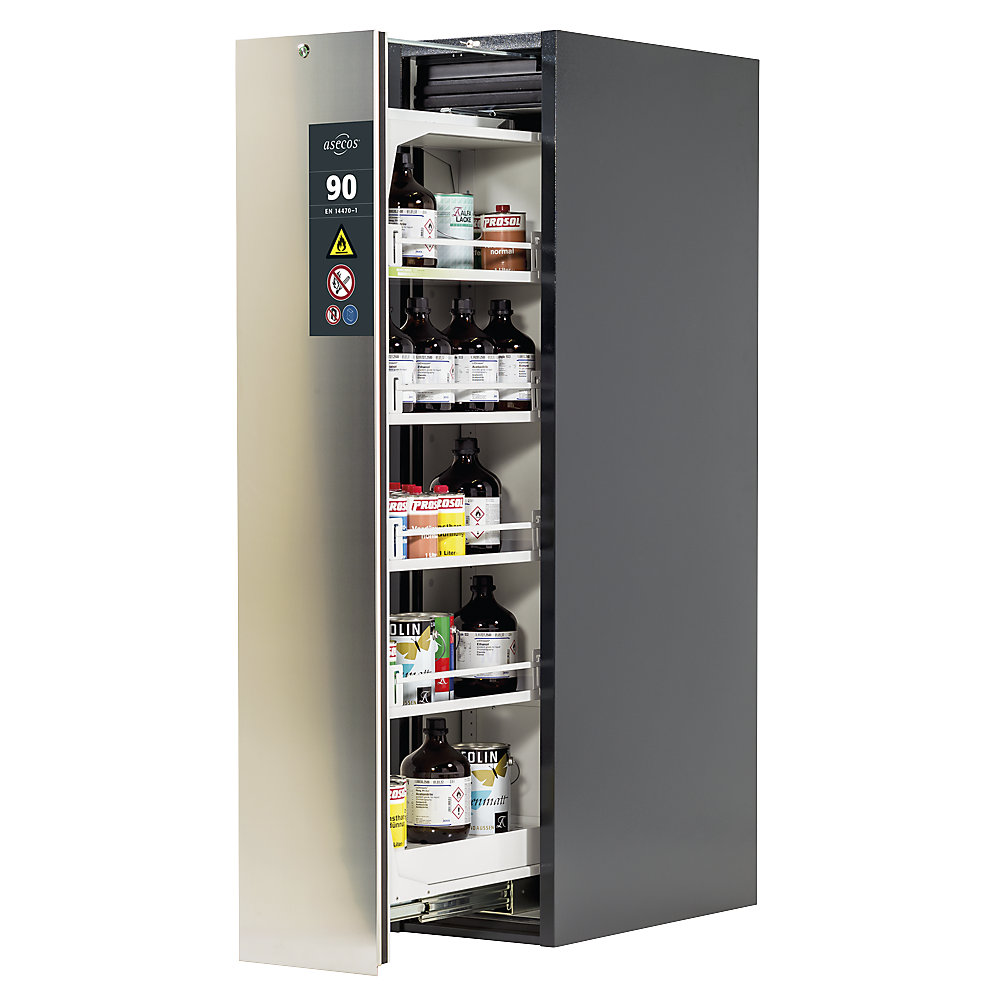 asecos Type 90 fire resistant vertical pull-out cabinet, 1 drawer, 4 shelves, grey/stainless steel