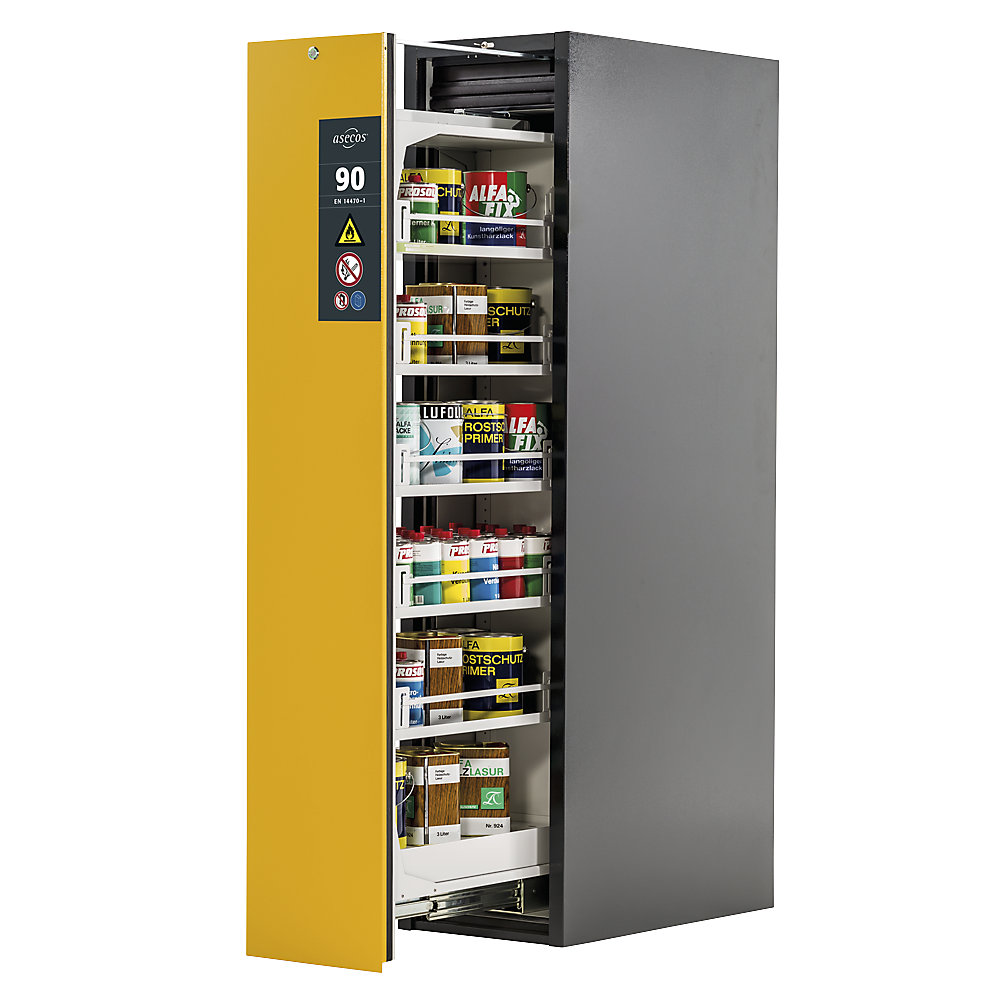asecos Type 90 fire resistant vertical pull-out cabinet, 1 drawer, 5 shelves, grey/yellow
